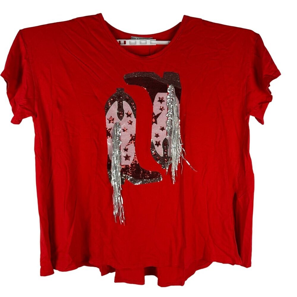 Blue b Collection Womens Poppy Red Sequin Cowgirl Boot T-Shirt Size L